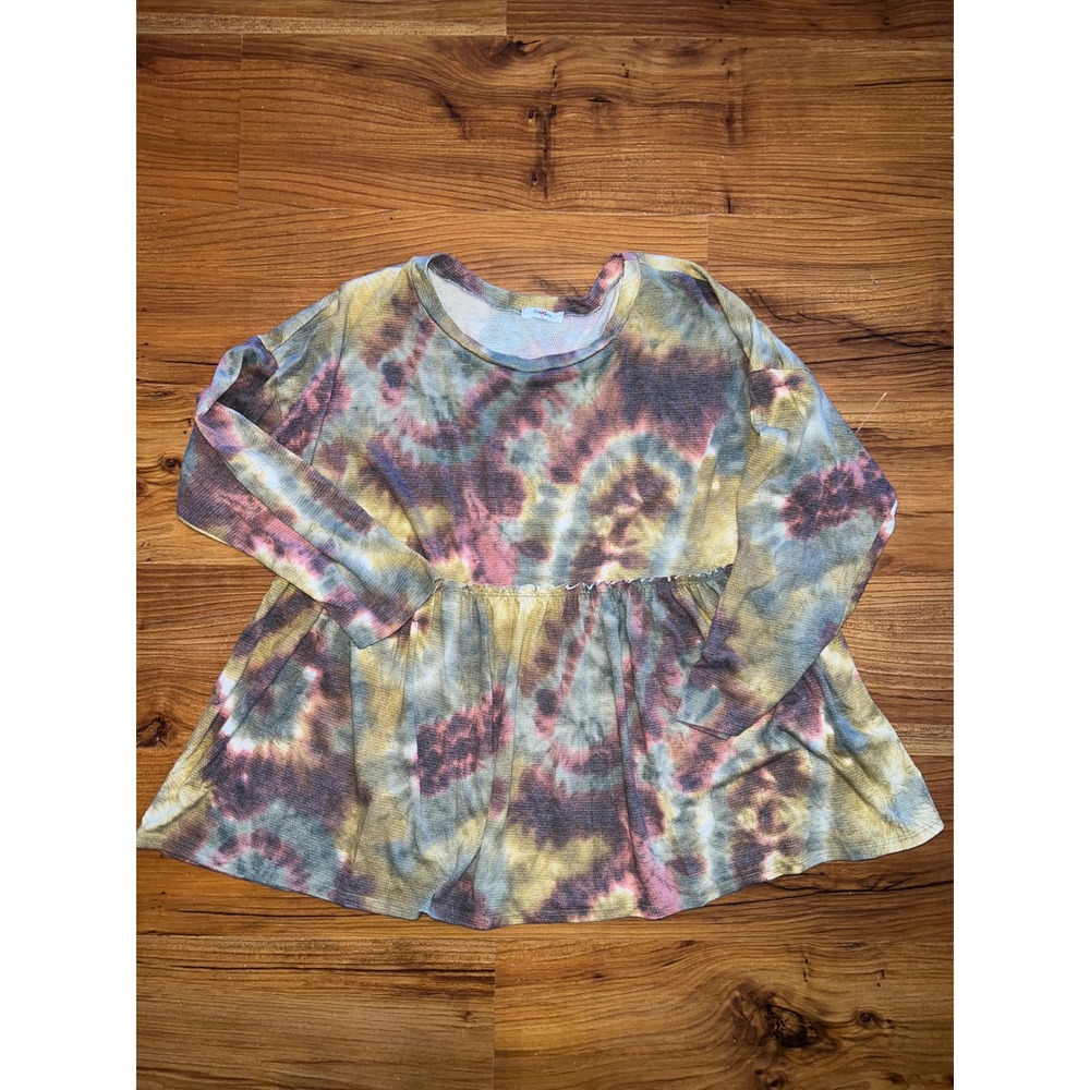 GeeGee Waffle Knit Tie Dye Babydoll Top XL Long Sleeve Thermal Tunic Olive Multi